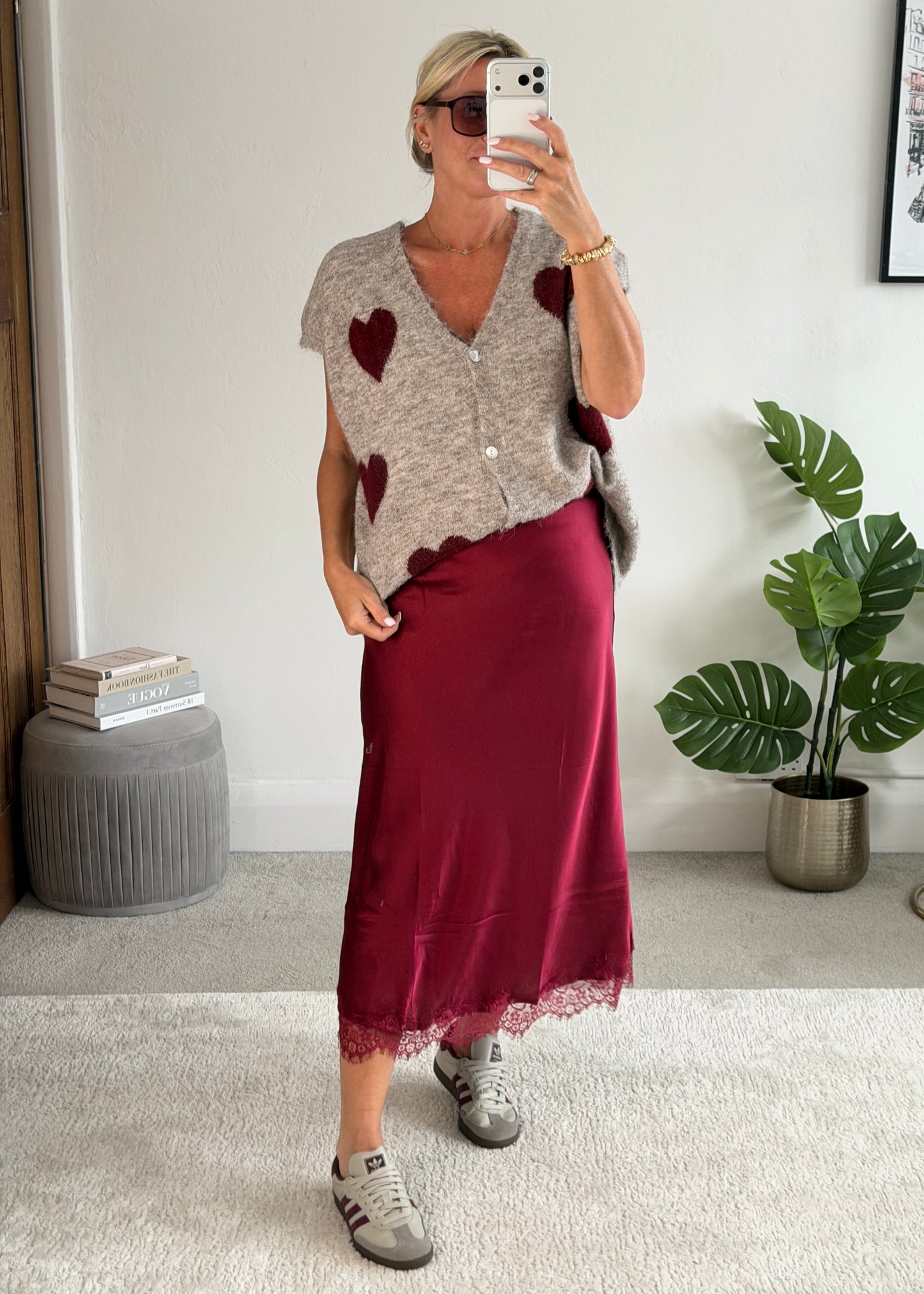 Bordeaux Satin Lace Trimmed Midi Skirt