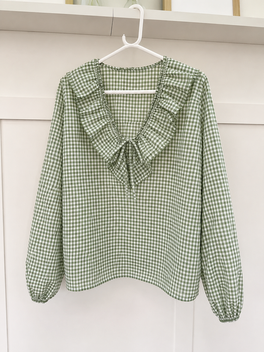Khaki Gingham Ruffle Blouse
