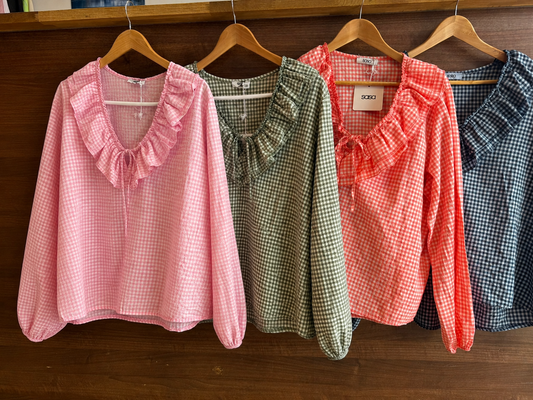 Coral Gingham Ruffle Blouse