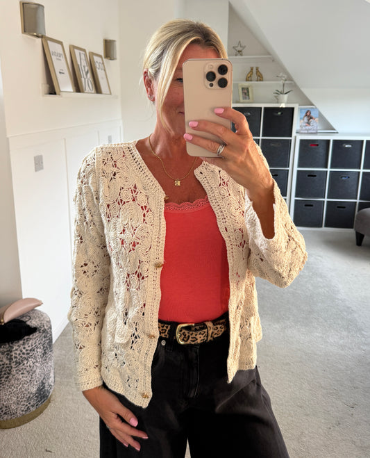 Stone Crochet Cardigan with Gold Buttons