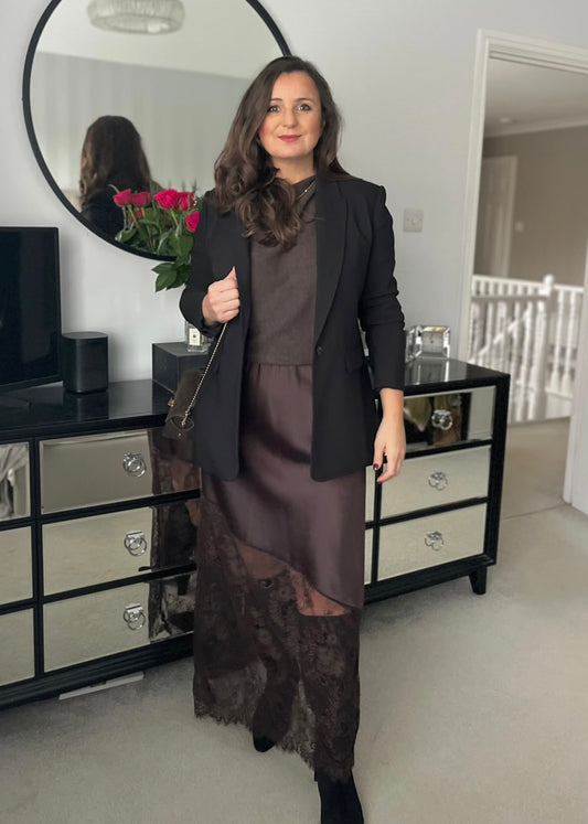 Chocolate Satin Asymmetric Lace Detail Maxi Slip Skirt