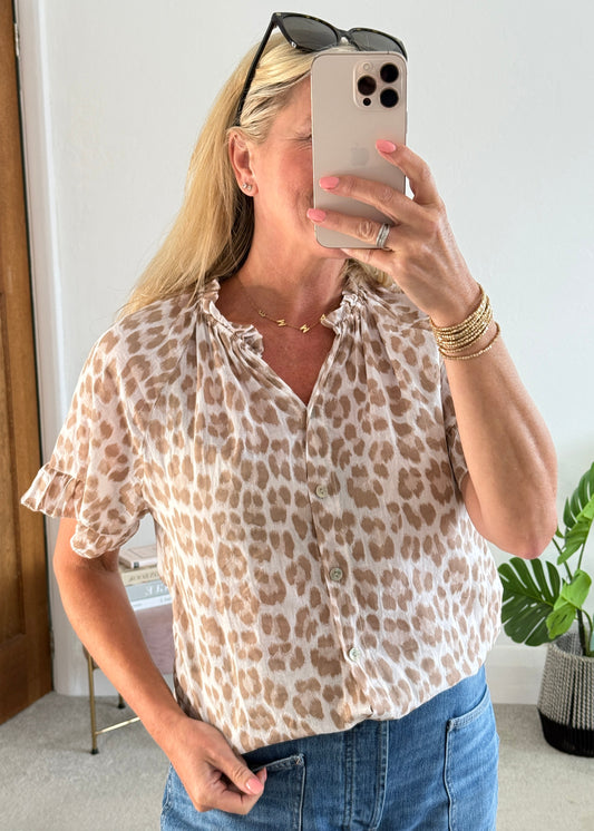 Beige Leopard Frill Sleeve Blouse