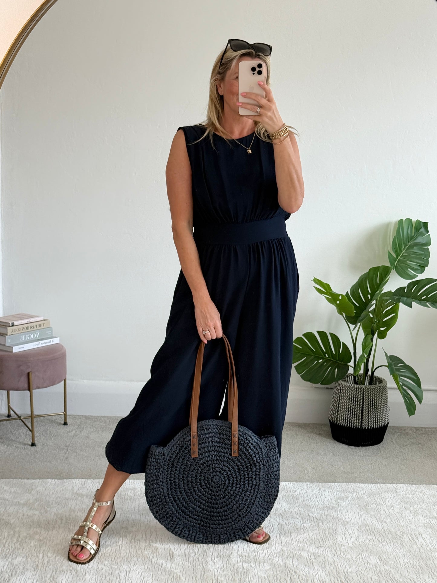 Navy Elasticated Sleeveless Harem Jumpsuit