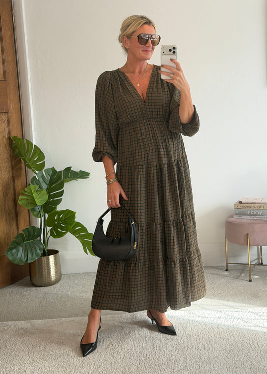 Khaki Heritage Check V-Neck Tiered Dress