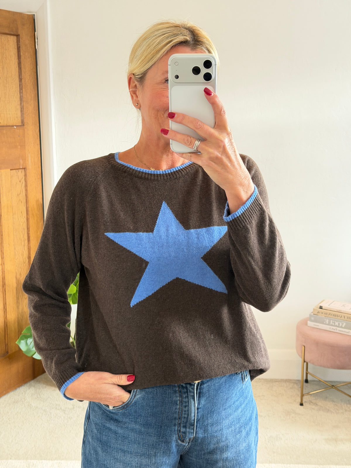 Chocolate/Cornflower Cashmere Mix Star Jumper