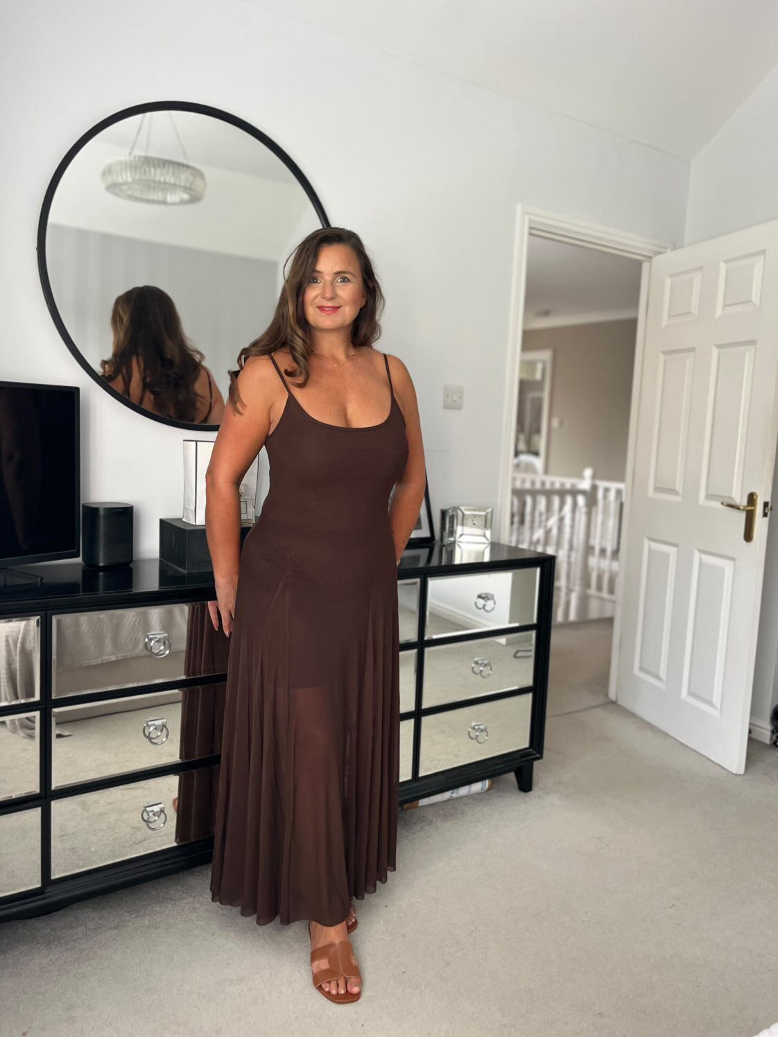 Chocolate Strappy Mesh Maxi Dress