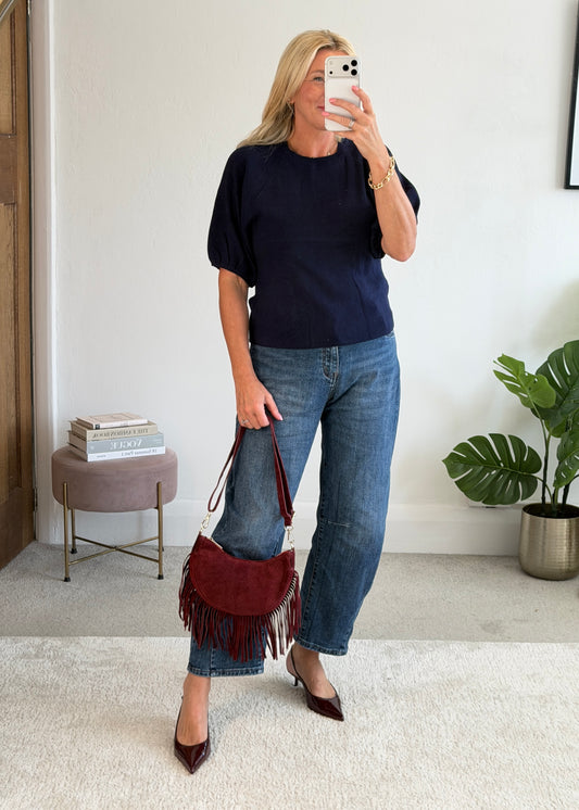 Navy Puff Sleeve Knitted Top