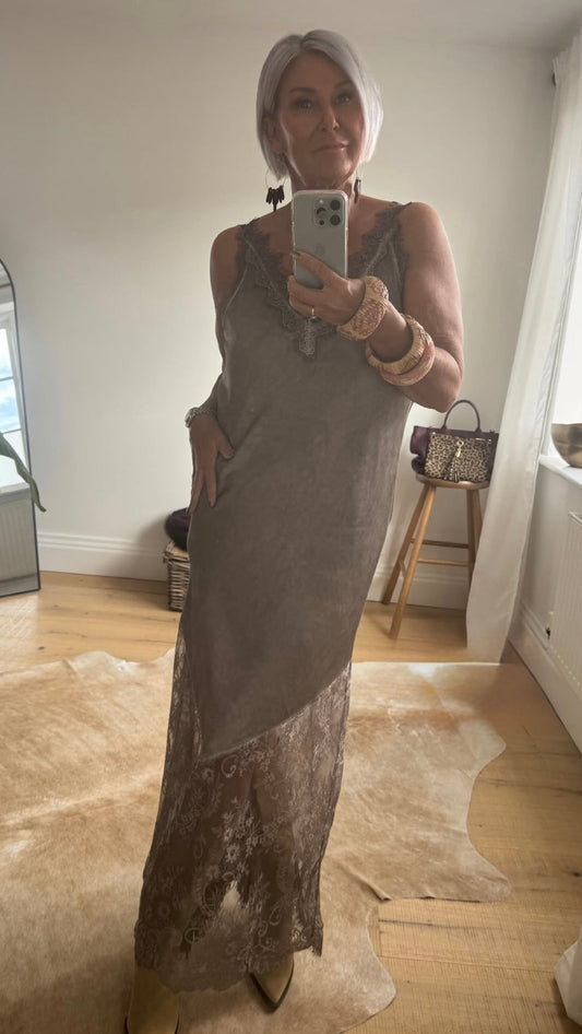 Mocha Satin Lace V-Neck Maxi Slip Dress
