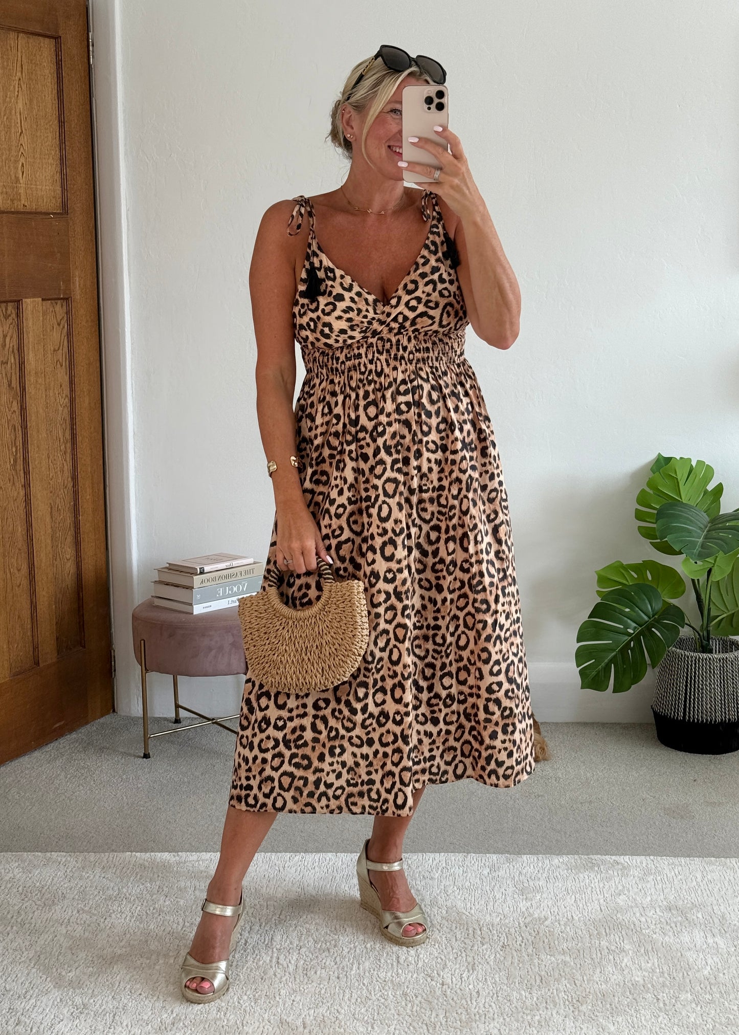 Leopard Tassel Tie Shoulder Midi Dress