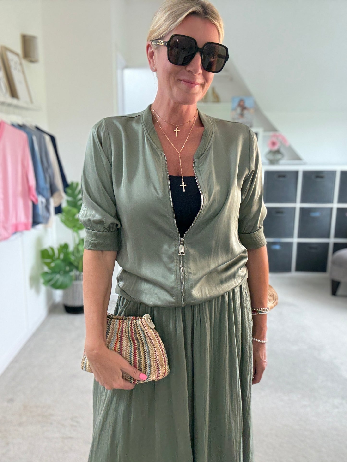 Khaki Silk Mix 1/2 Sleeve Bomber Jacket
