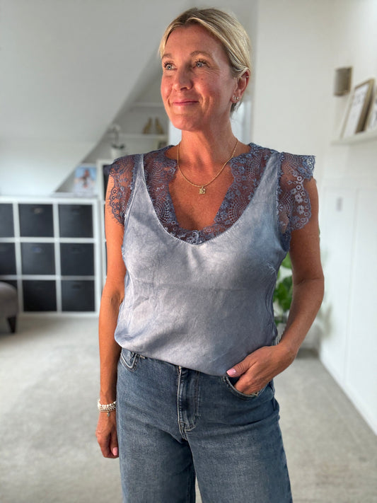 Satin/Lace V Neck Top