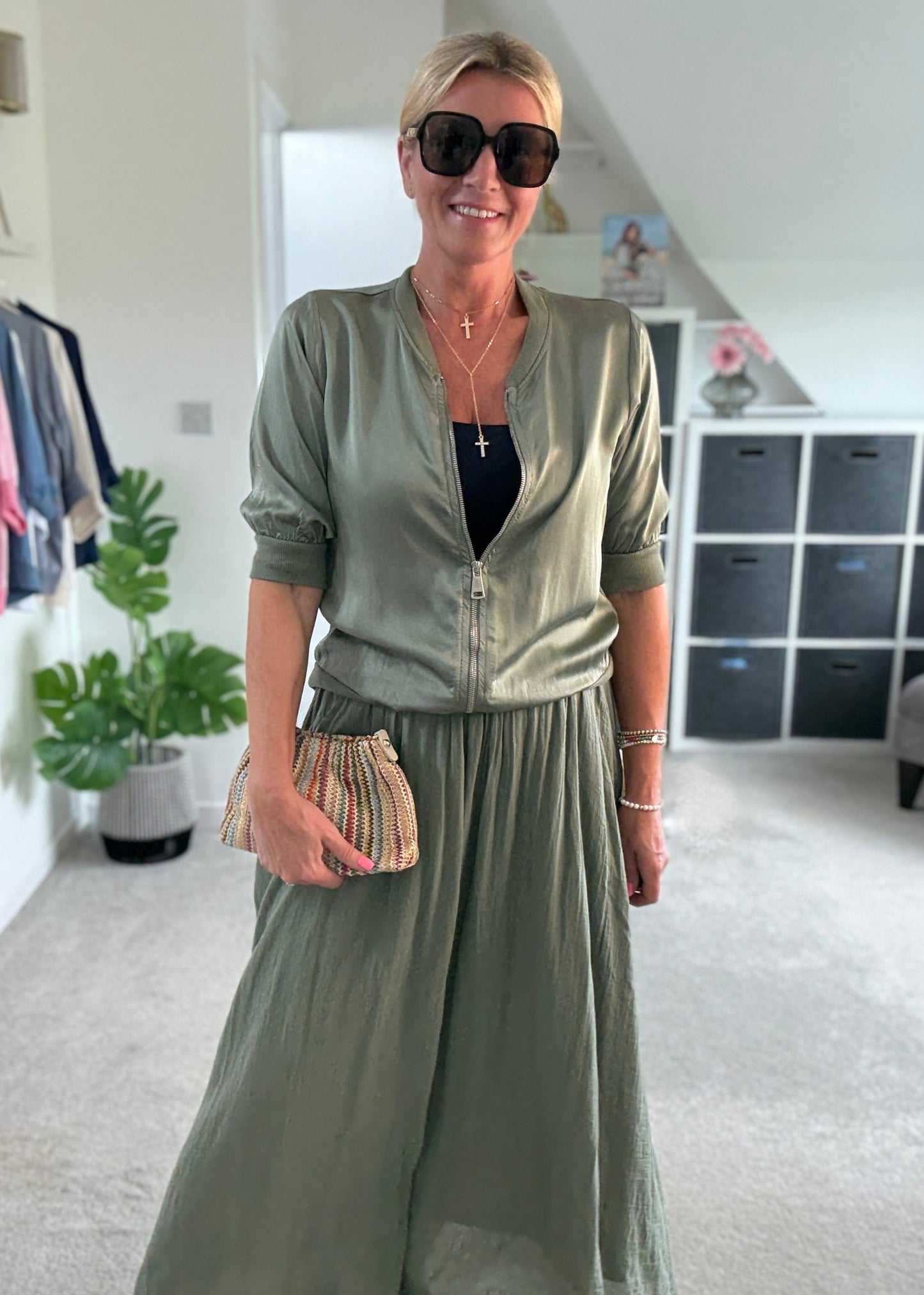 Khaki Silk Mix 1/2 Sleeve Bomber Jacket