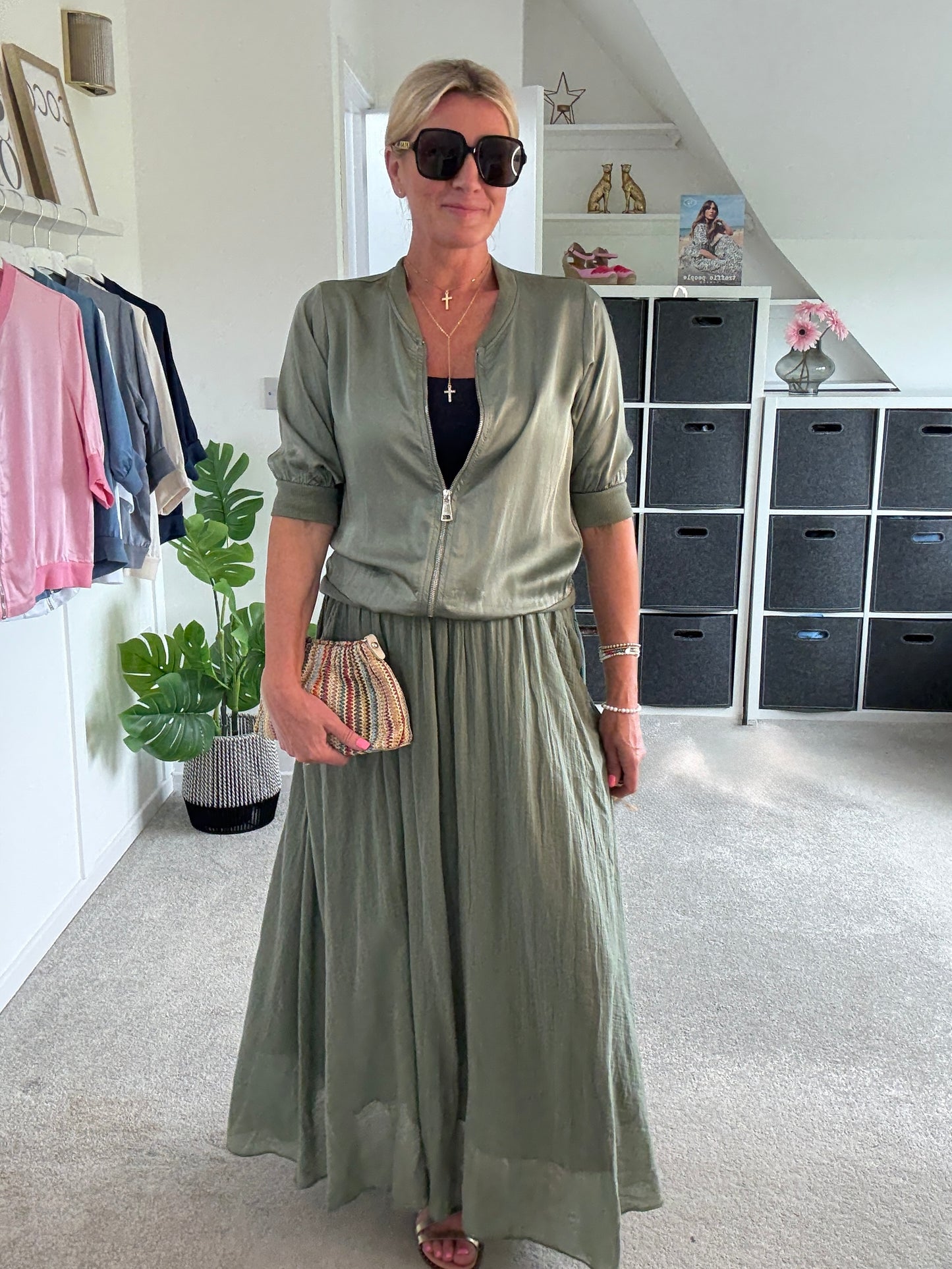 Khaki Silk Mix 1/2 Sleeve Bomber Jacket