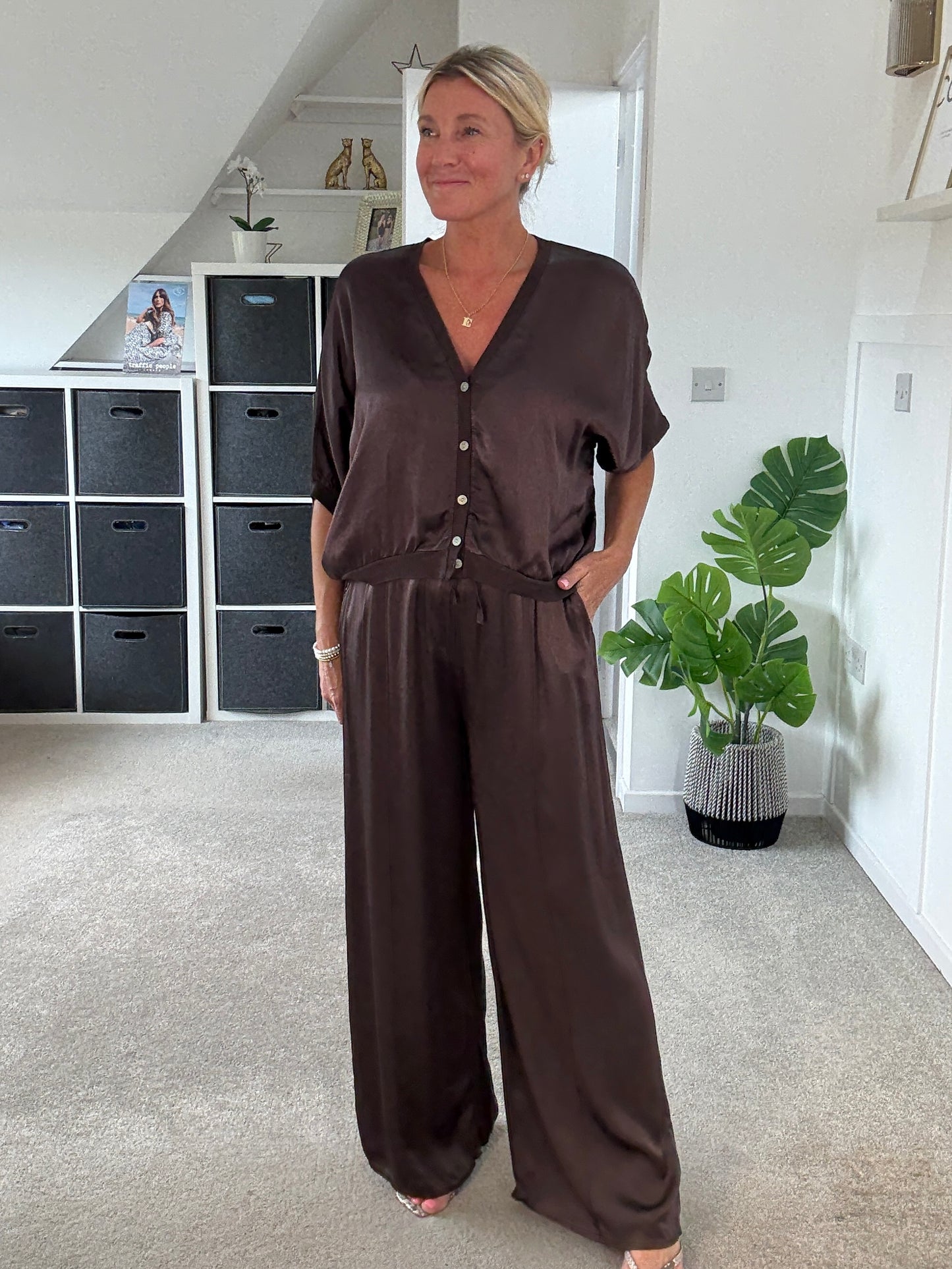 Emy Chocolate Satin Wide Leg Trousers