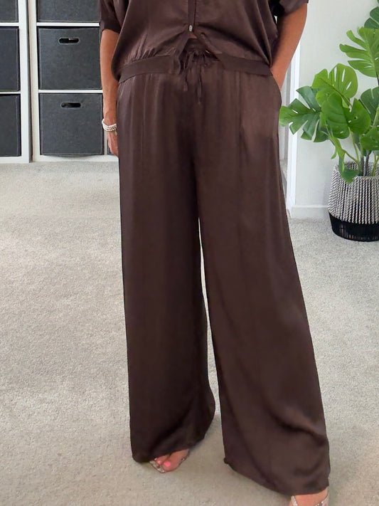 Emy Chocolate Satin Wide Leg Trousers