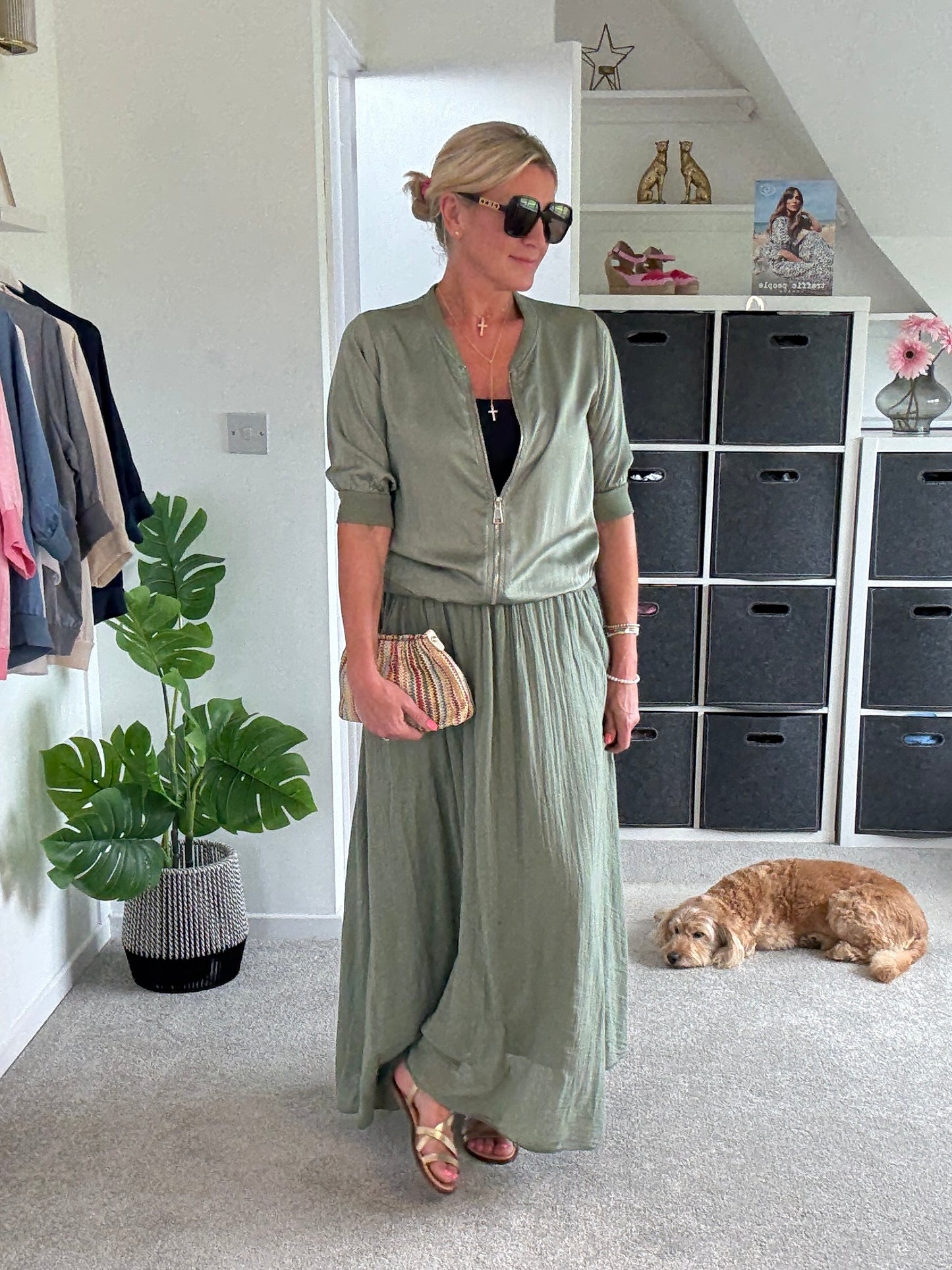 Khaki Silk Mix 1/2 Sleeve Bomber Jacket