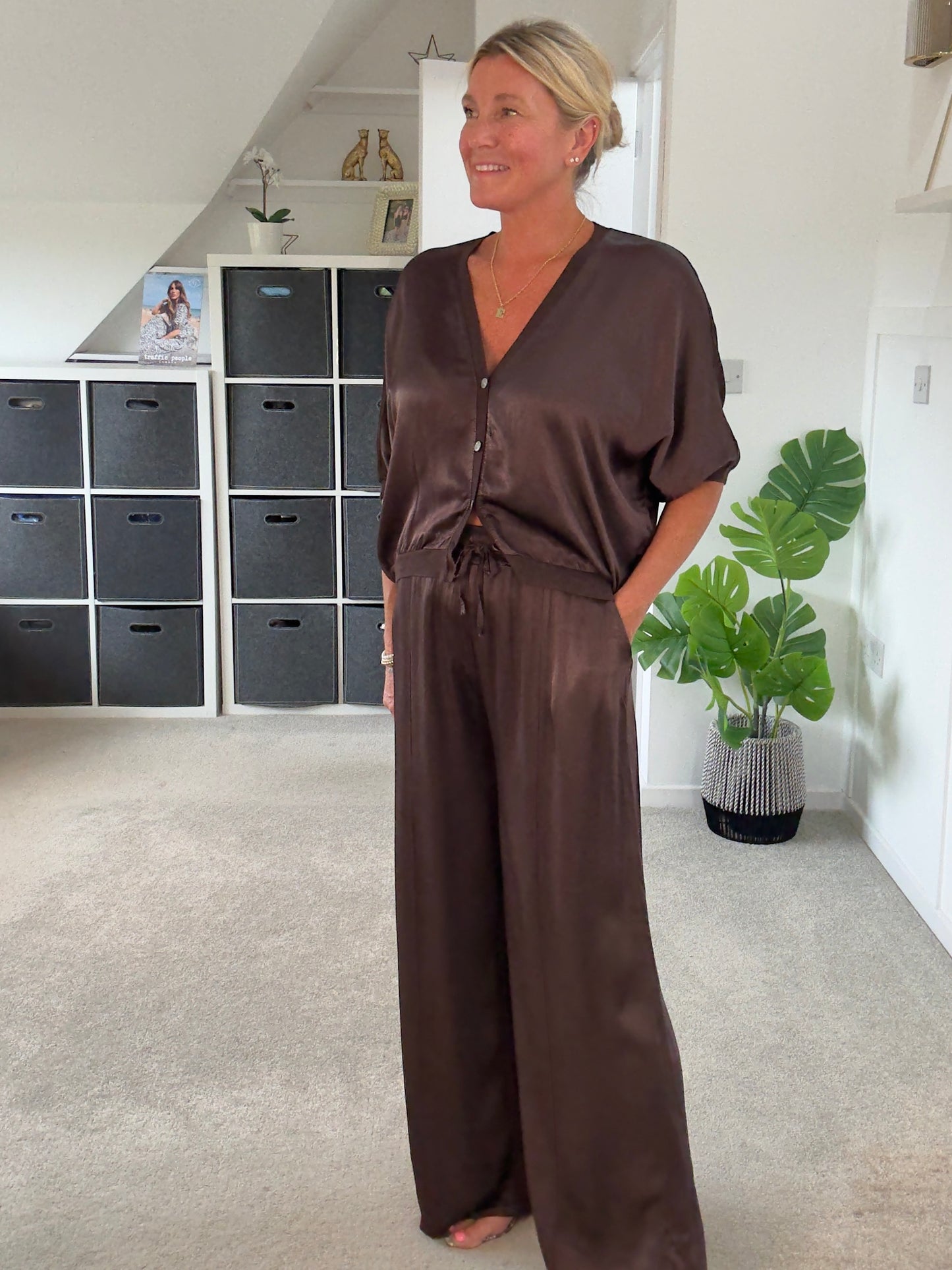 Emy Chocolate Satin Wide Leg Trousers