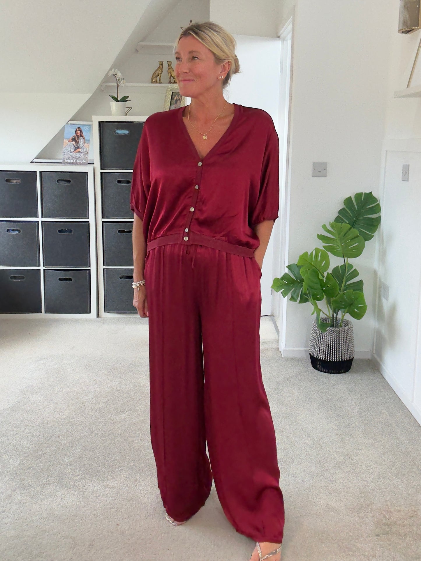 Emy Burgundy Satin Wide Leg Trousers