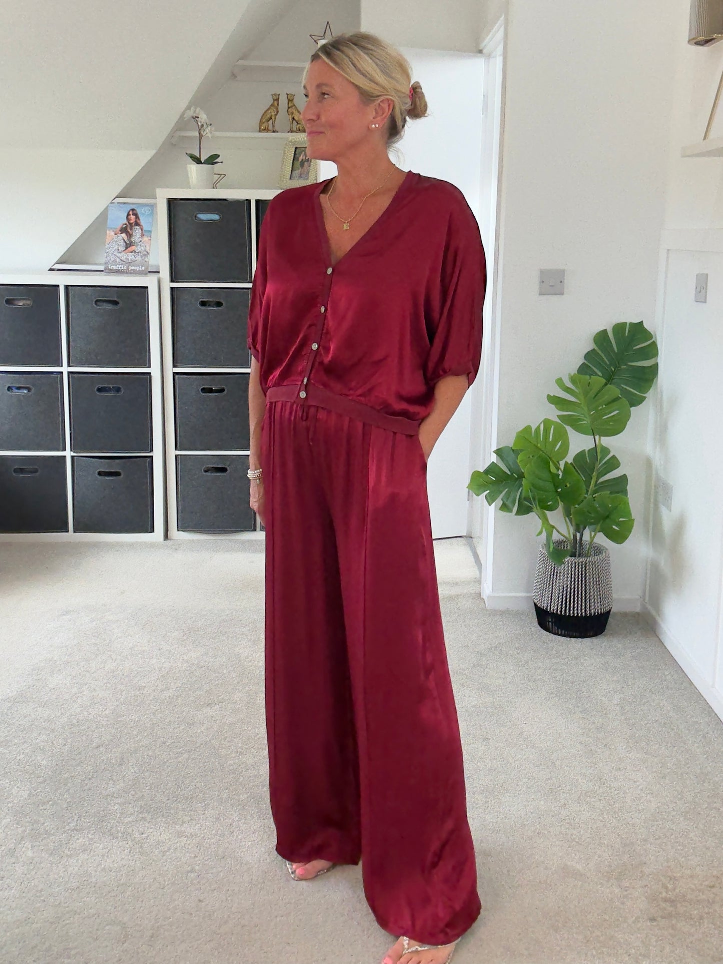 Emy Burgundy Satin Wide Leg Trousers