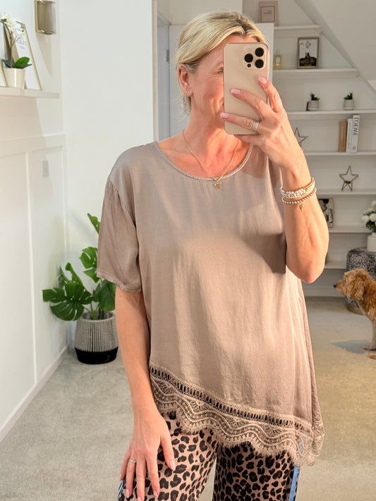 Mocha Satin/Lace Asymmetric Top