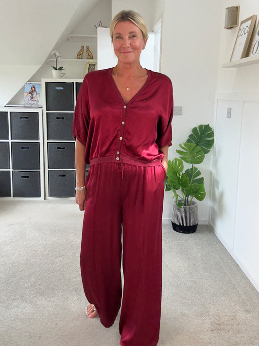 Emy Burgundy Satin Wide Leg Trousers