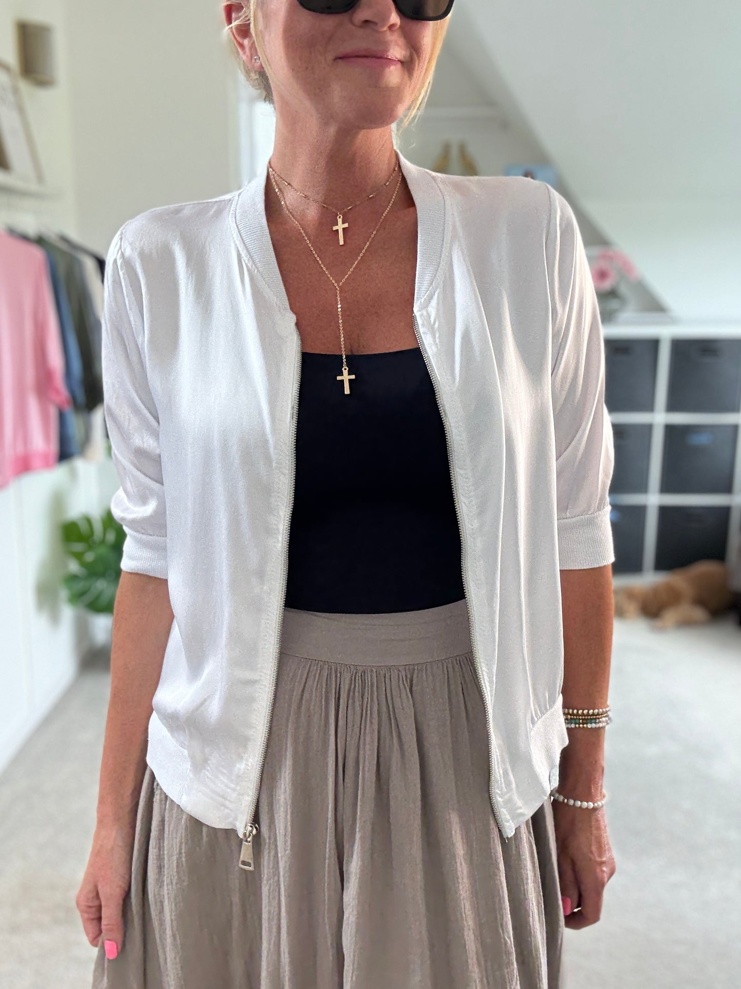 White Silk Mix 1/2 Sleeve Bomber Jacket