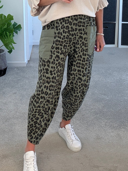 Khaki Leopard Slim Barrel Cargo Joggers