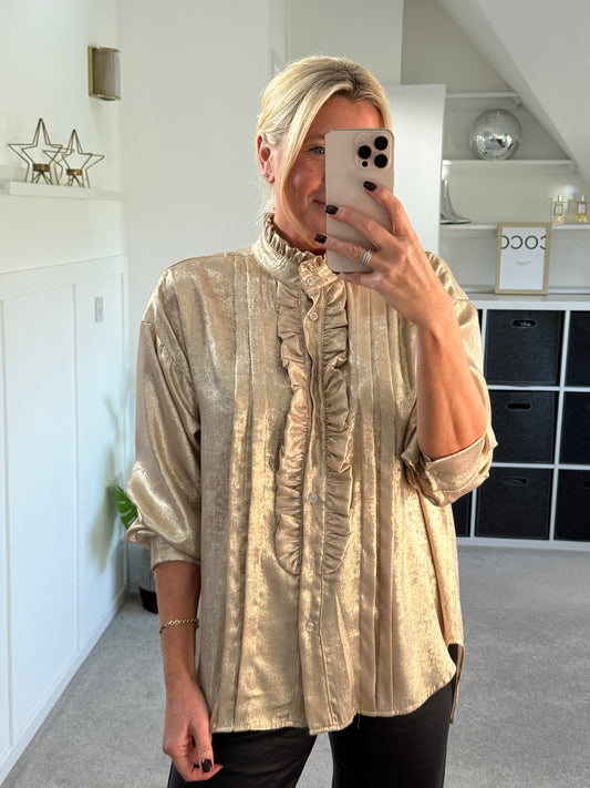 Gold Metallic Ruffle Front Blouse