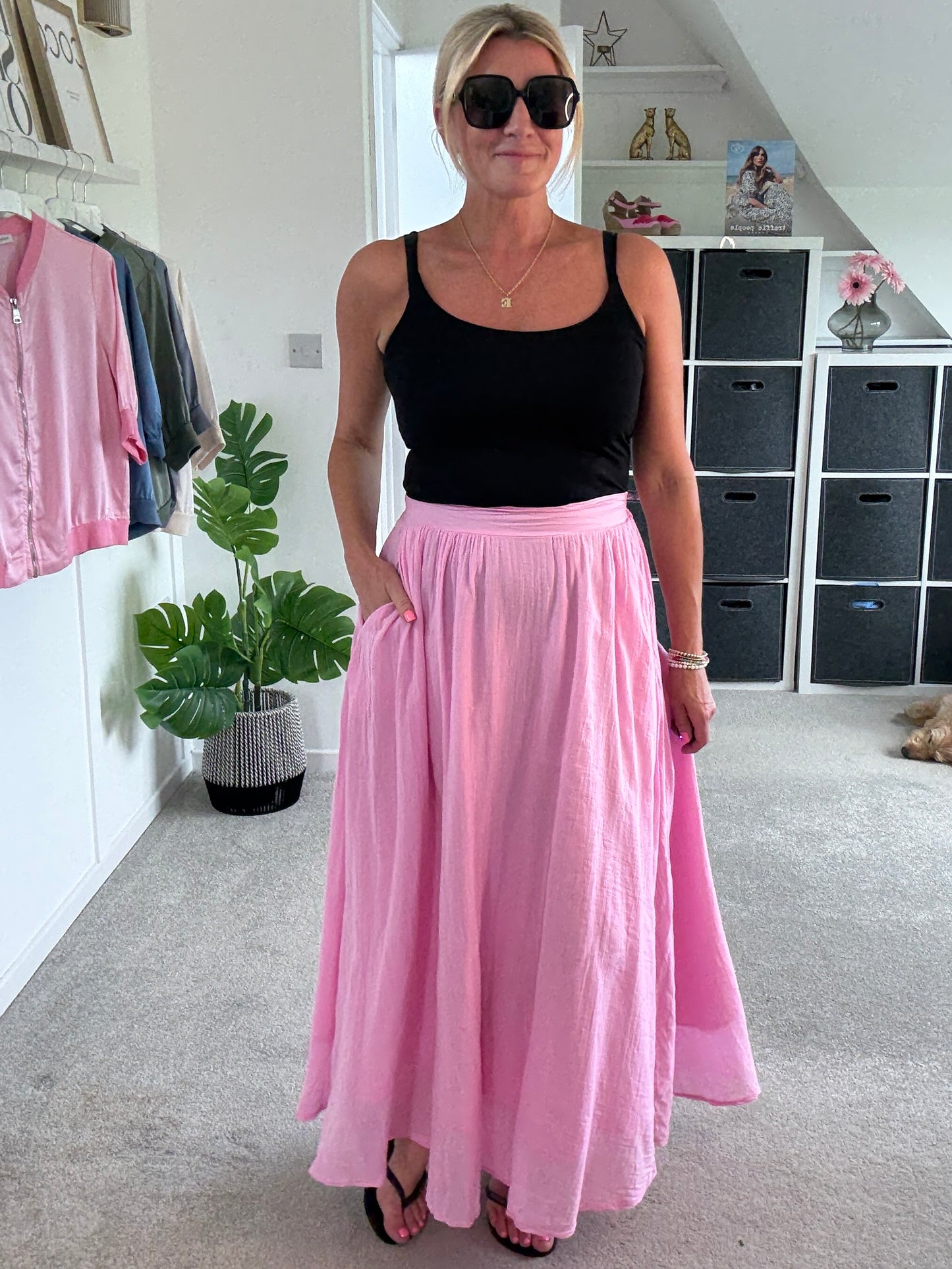 Pink Cotton Pocket Maxi Skirt