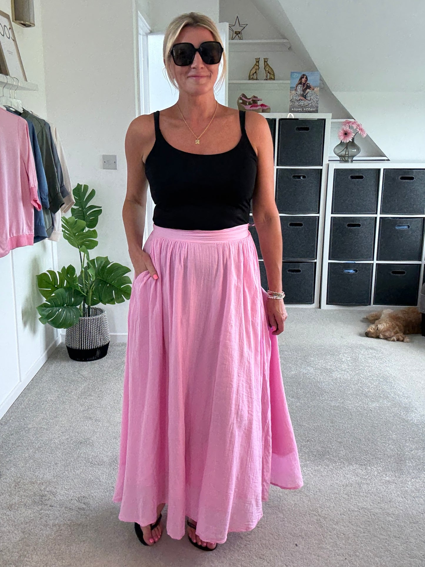 Pink Cotton Pocket Maxi Skirt