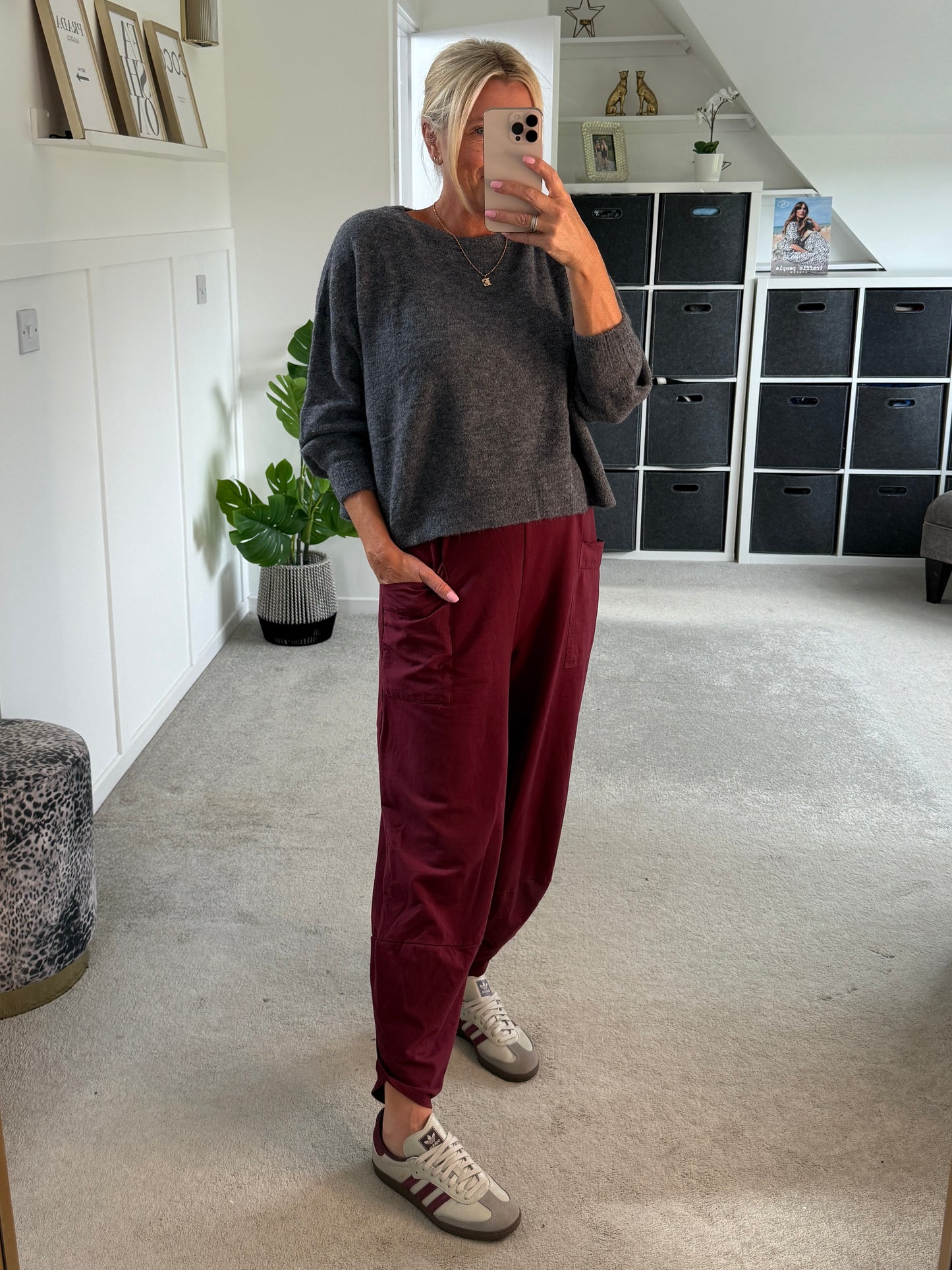 Burgundy Leopard Pocket Slim Barrel Cargo Joggers