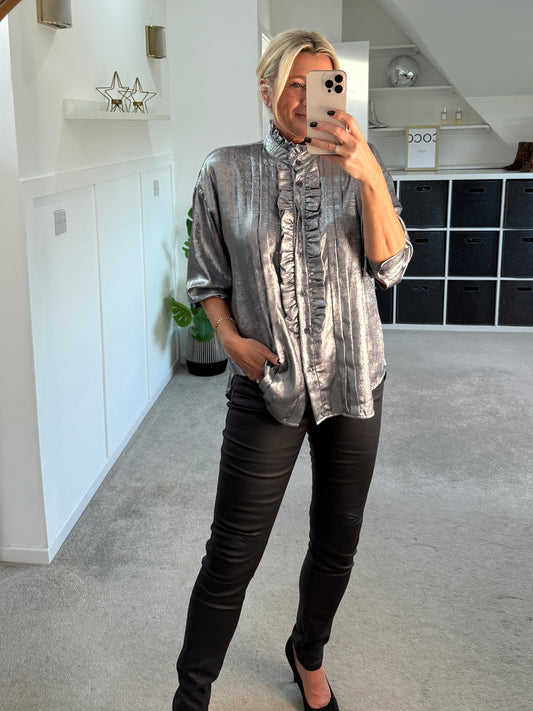 Silver Metallic Ruffle Front Blouse