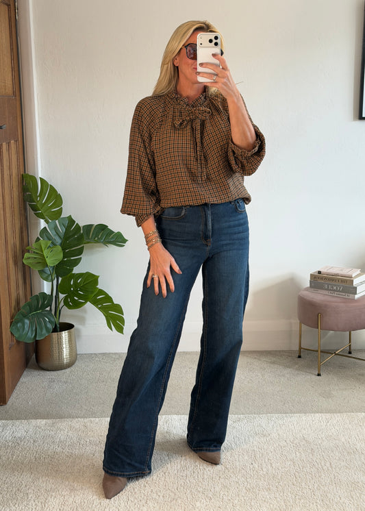 Mocha Tie Neck Heritage Check Blouse