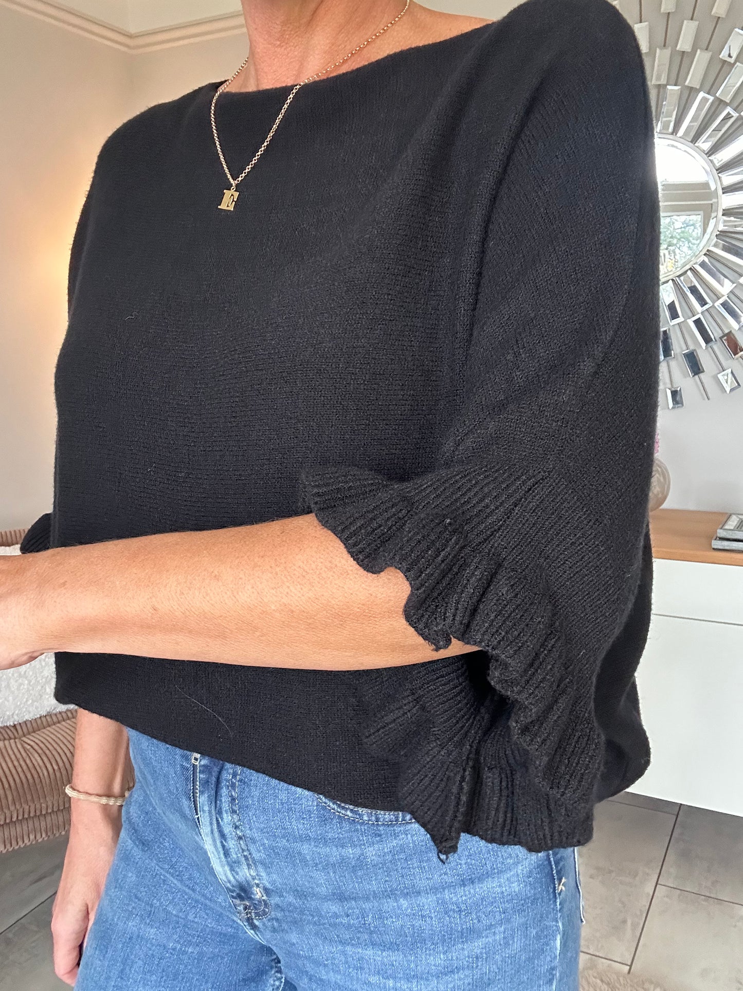 Navy Frill Sleeve Batwing Jumper
