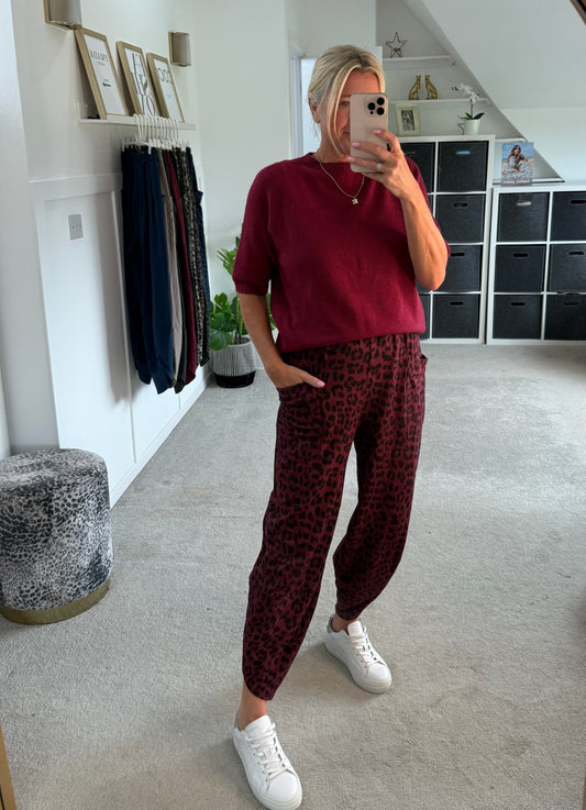 Burgundy Leopard Pocket Slim Barrel Cargo Joggers