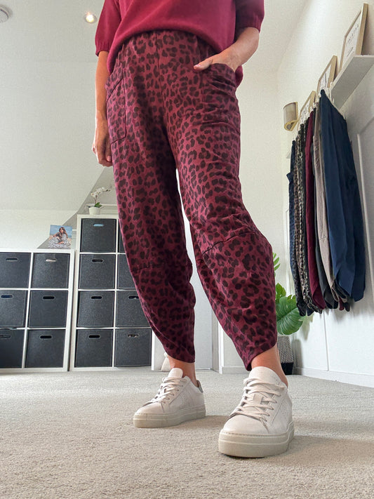 Burgundy Leopard Pocket Slim Barrel Cargo Joggers