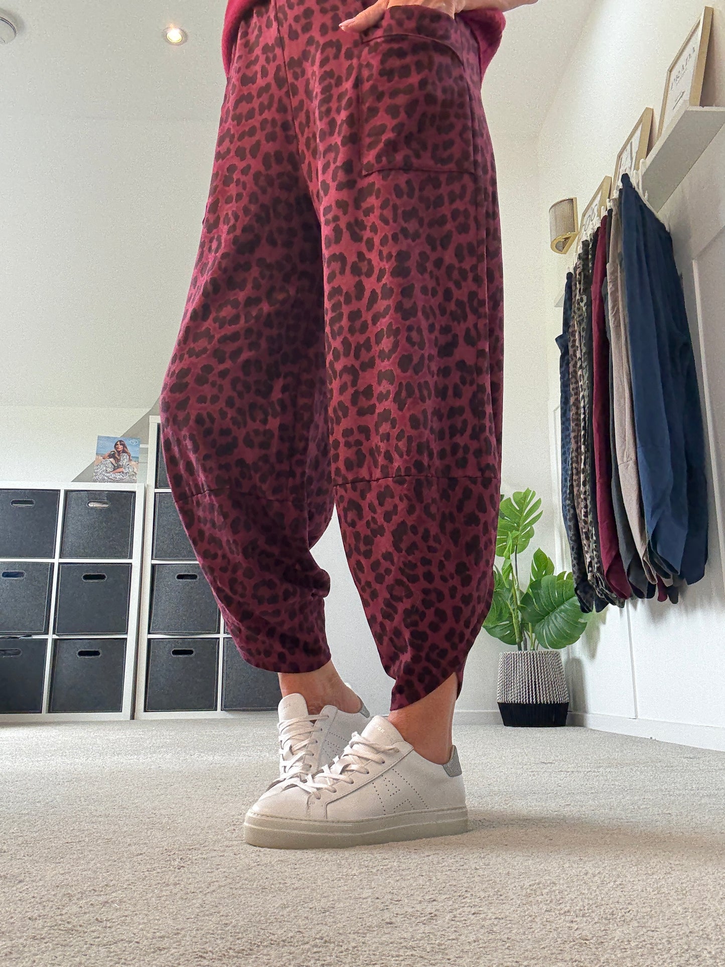 Burgundy Leopard Pocket Slim Barrel Cargo Joggers