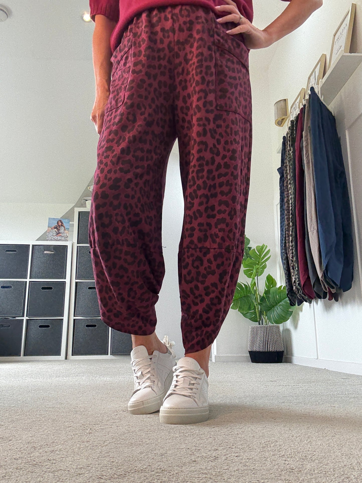 Burgundy Leopard Pocket Slim Barrel Cargo Joggers