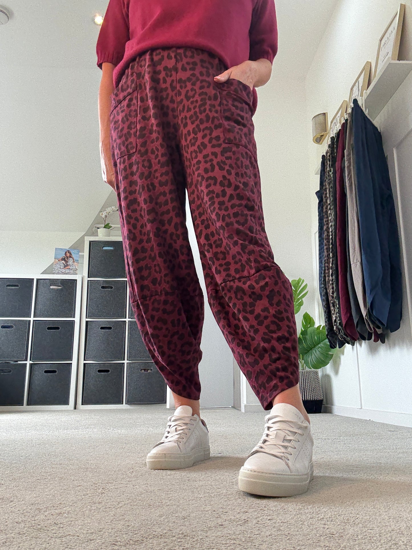 Burgundy Leopard Pocket Slim Barrel Cargo Joggers