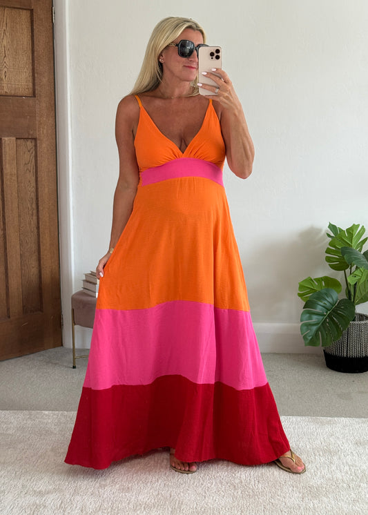Orange/Pink/Red Colour Block Maxi Dress