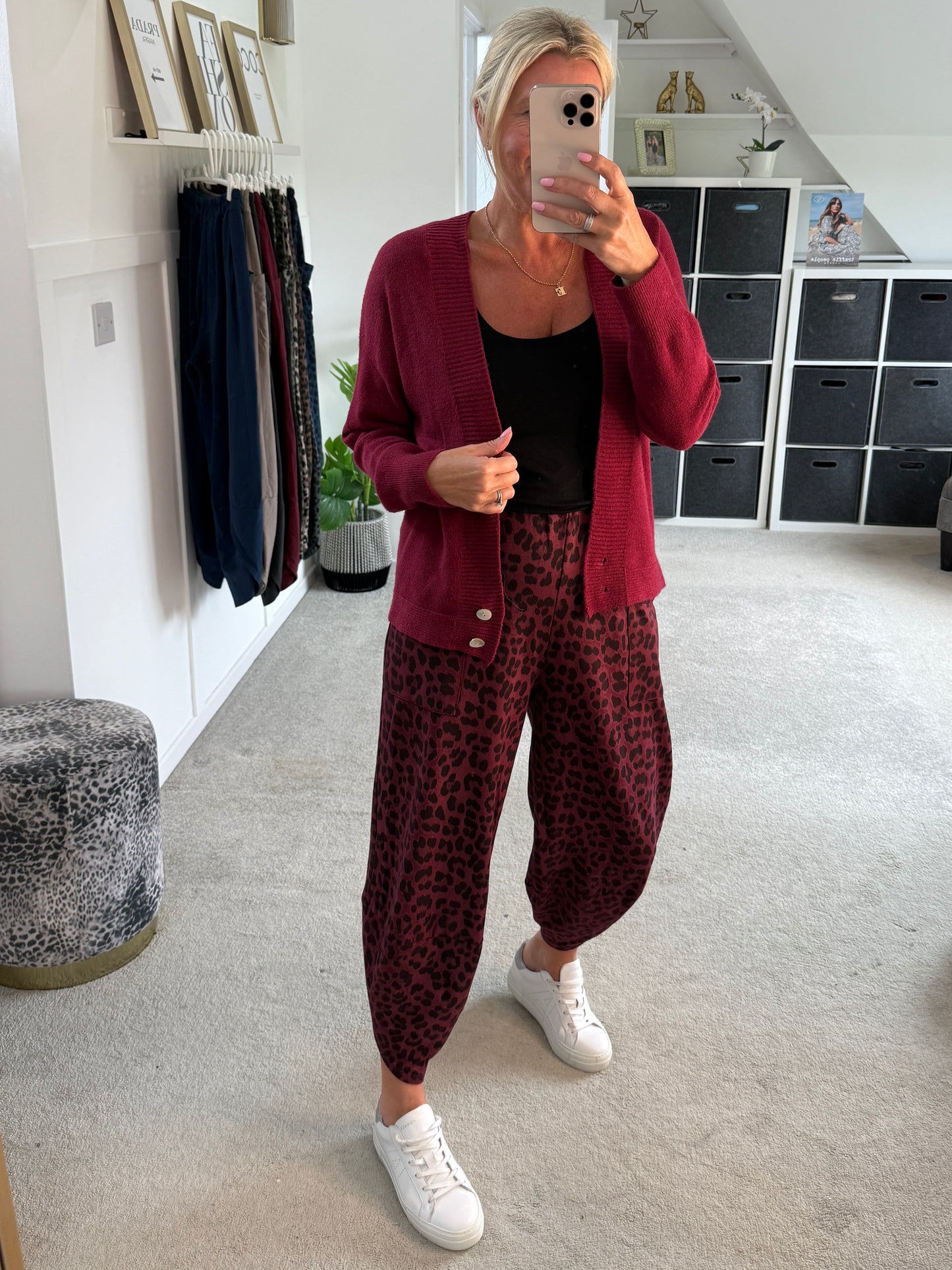Burgundy Leopard Pocket Slim Barrel Cargo Joggers
