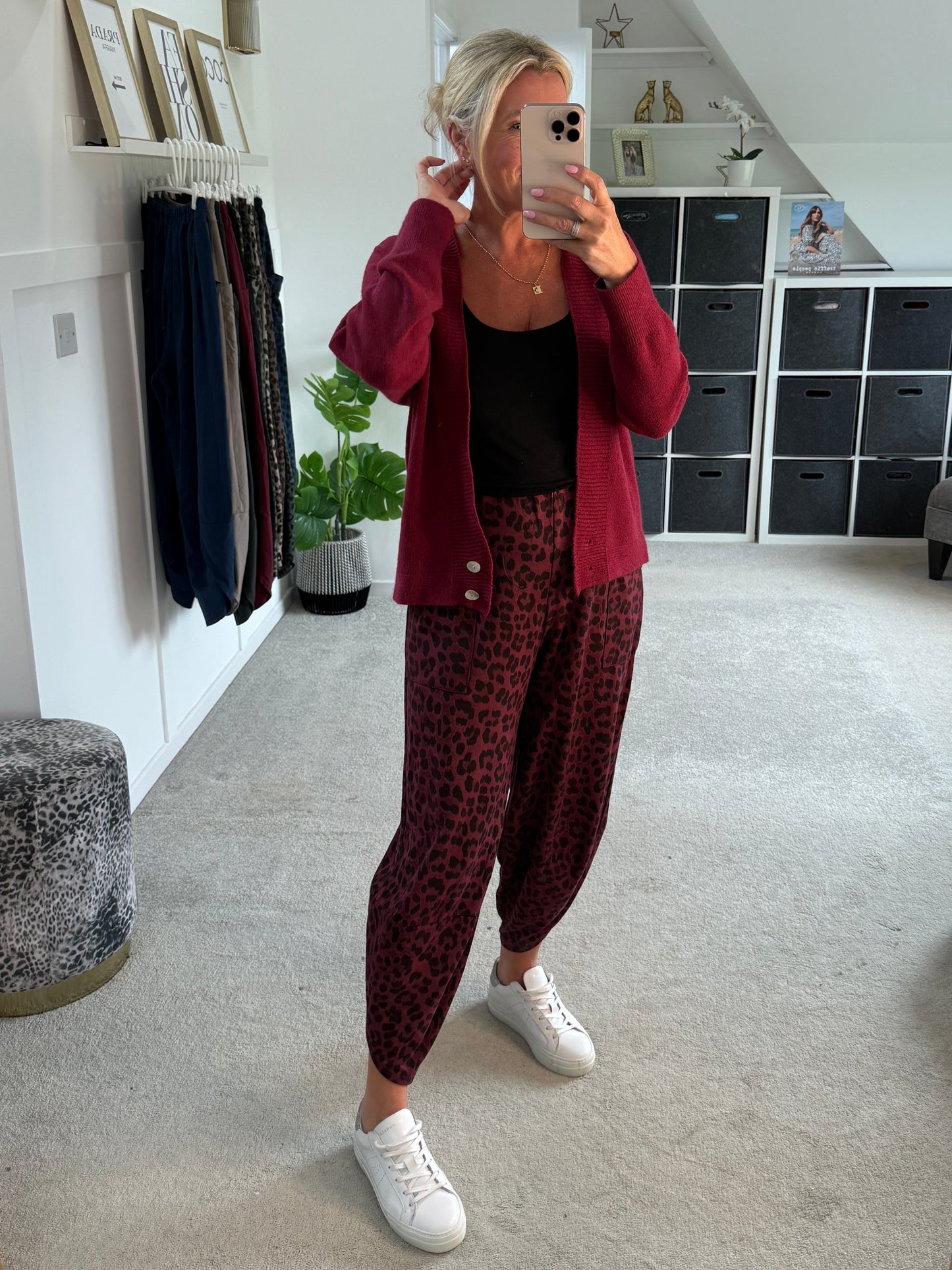 Burgundy Leopard Pocket Slim Barrel Cargo Joggers
