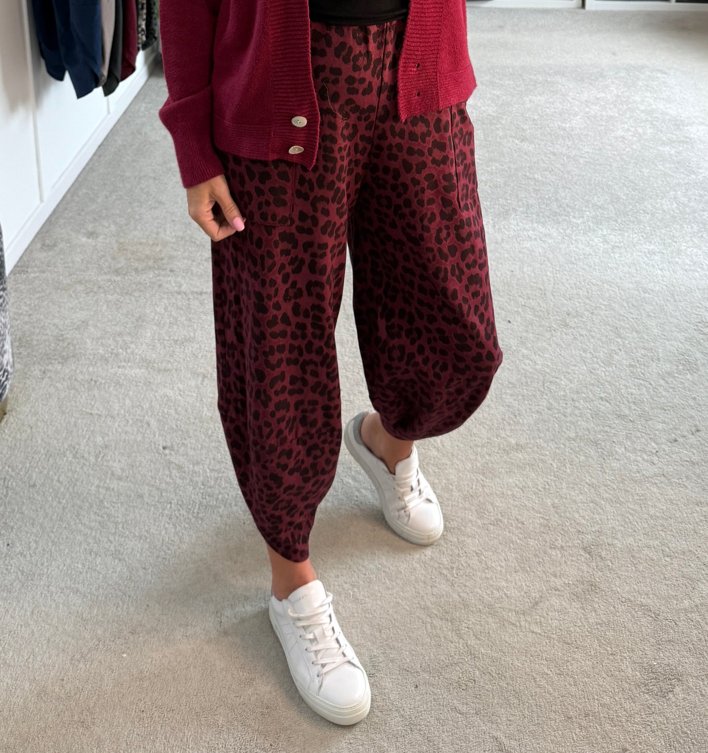 Burgundy Leopard Pocket Slim Barrel Cargo Joggers