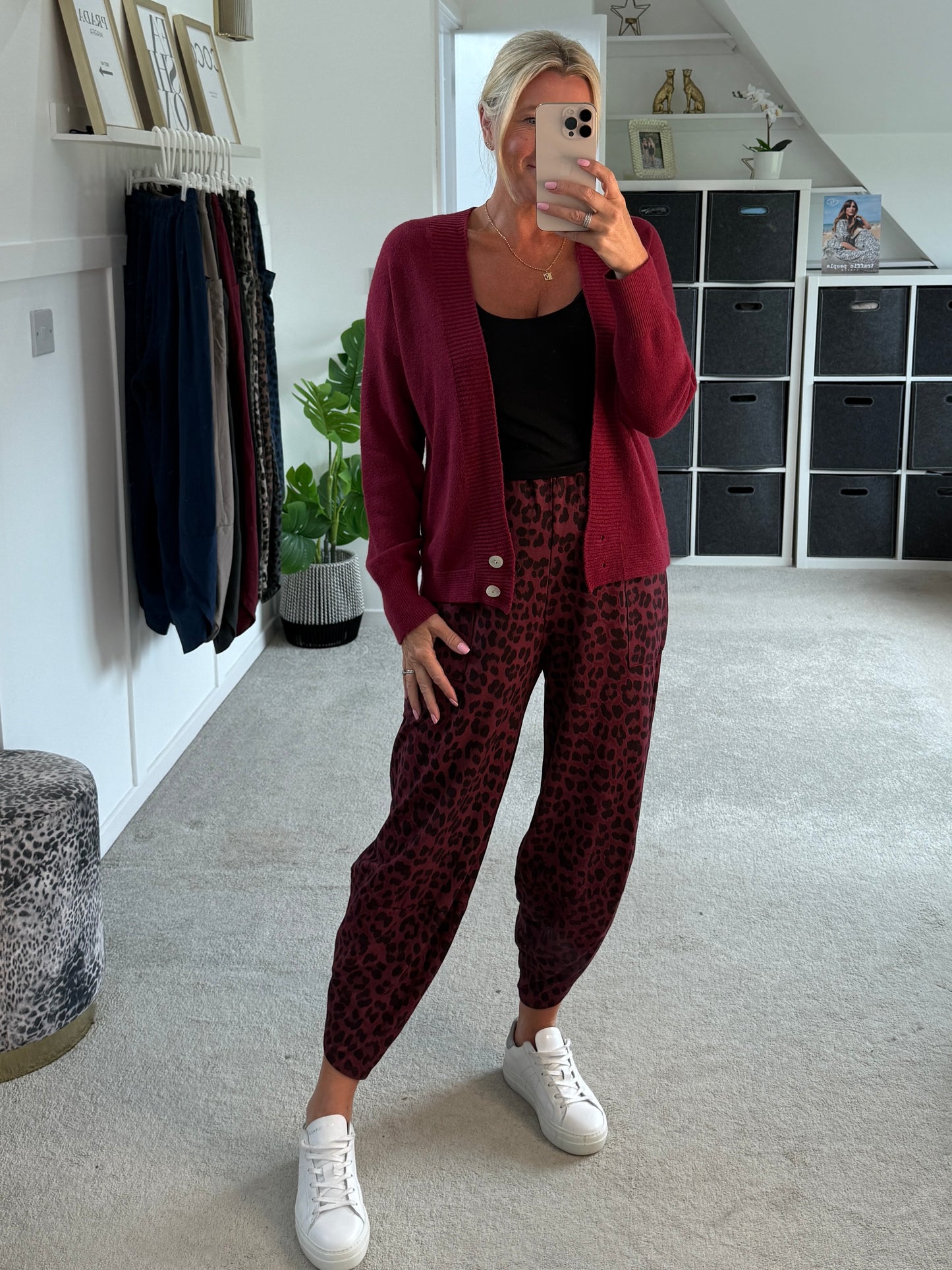 Burgundy Leopard Pocket Slim Barrel Cargo Joggers