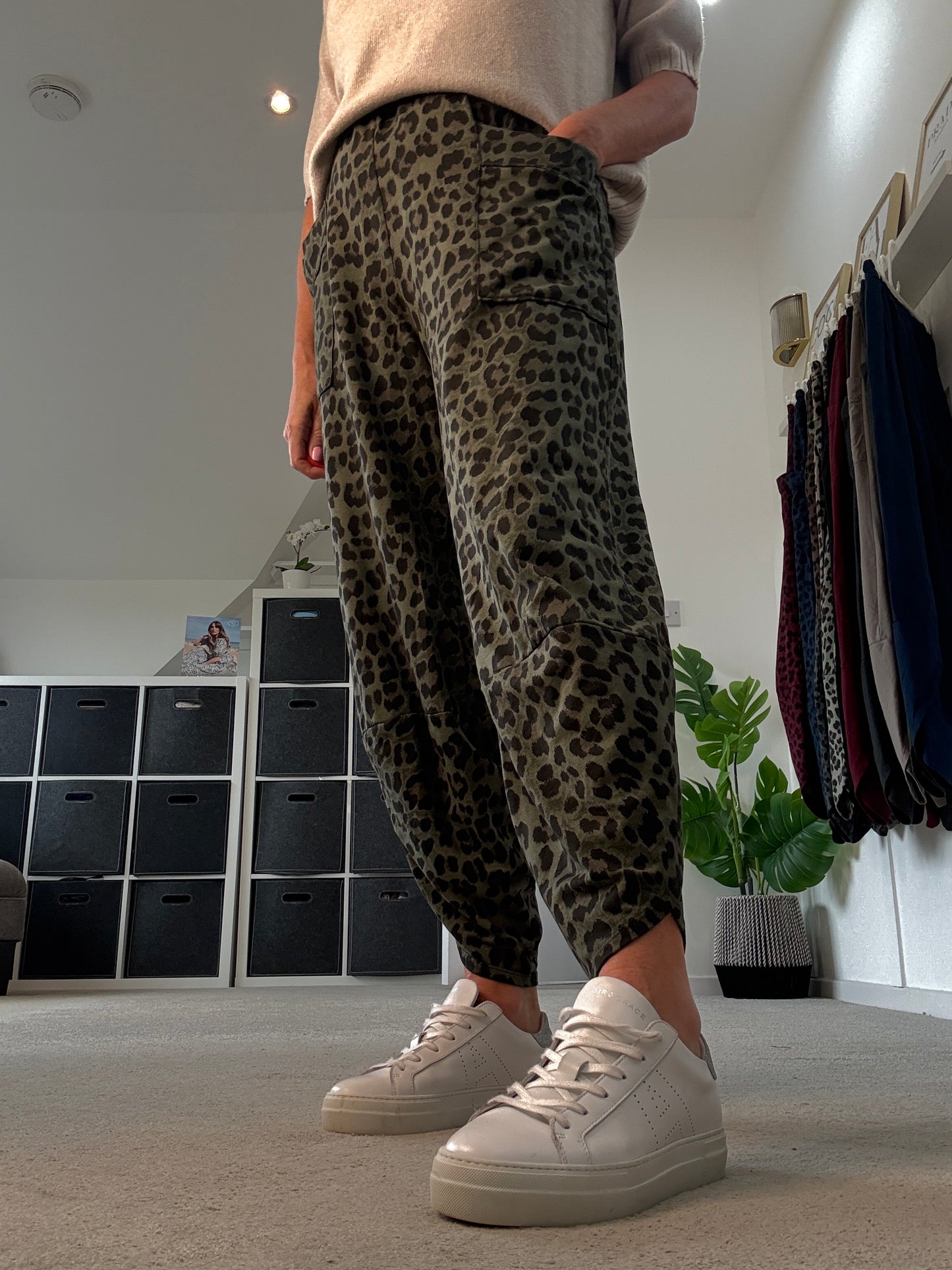 Dark Khaki Leopard Pocket Slim Barrel Cargo Joggers