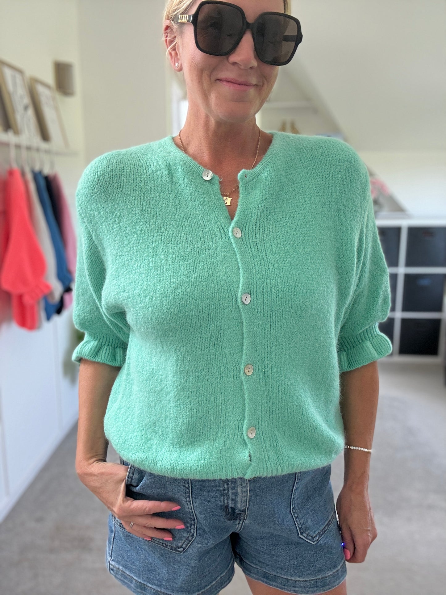 Aqua Green Fluffy 1/2 Frill Sleeve Cardigan