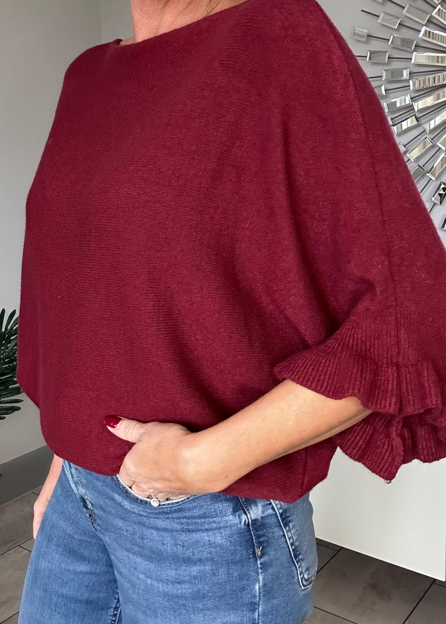 Chocolate Frill Sleeve Batwing Jumper