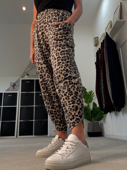 Mocha Leopard Pocket Slim Barrel Cargo Joggers