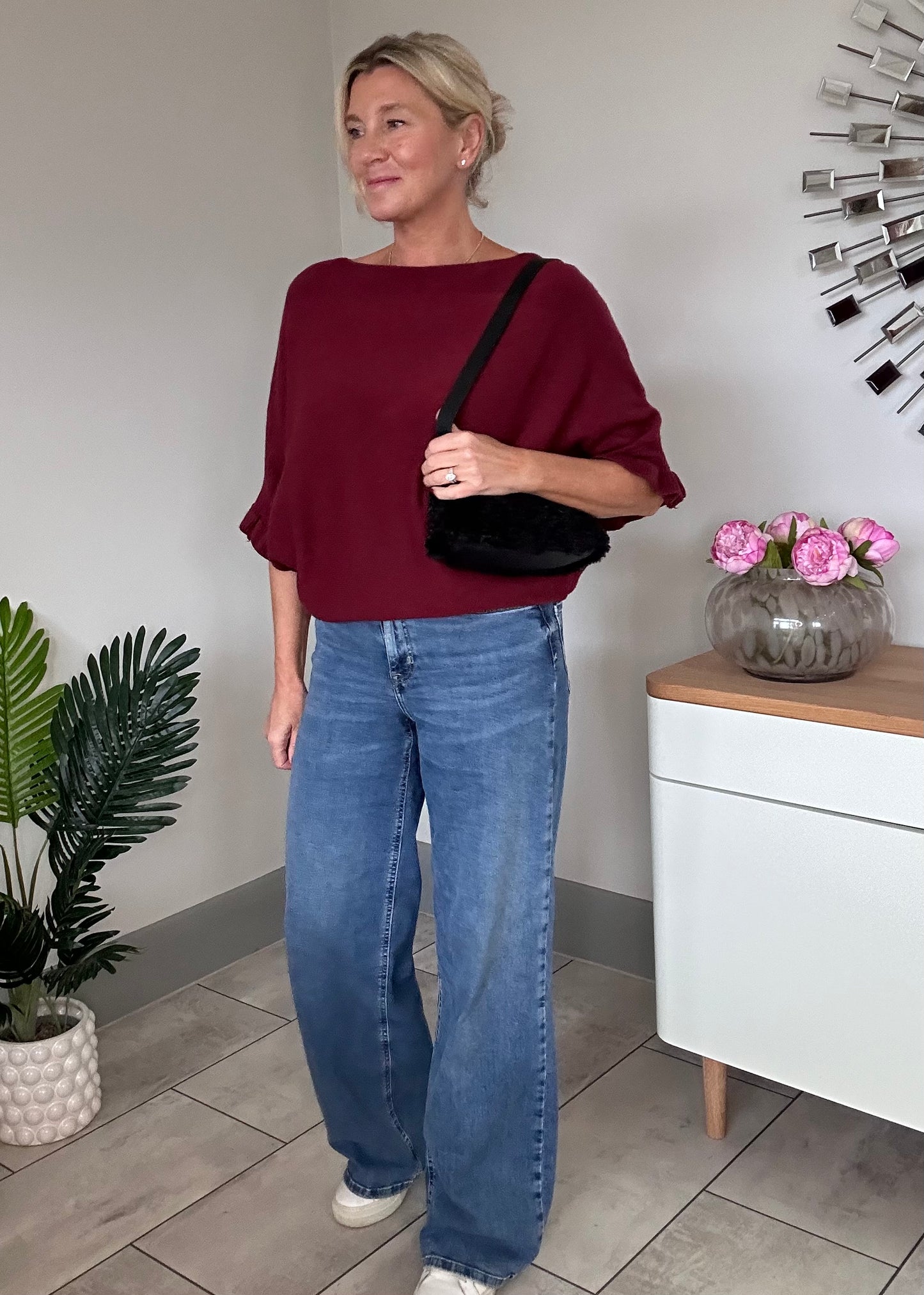 Navy Frill Sleeve Batwing Jumper