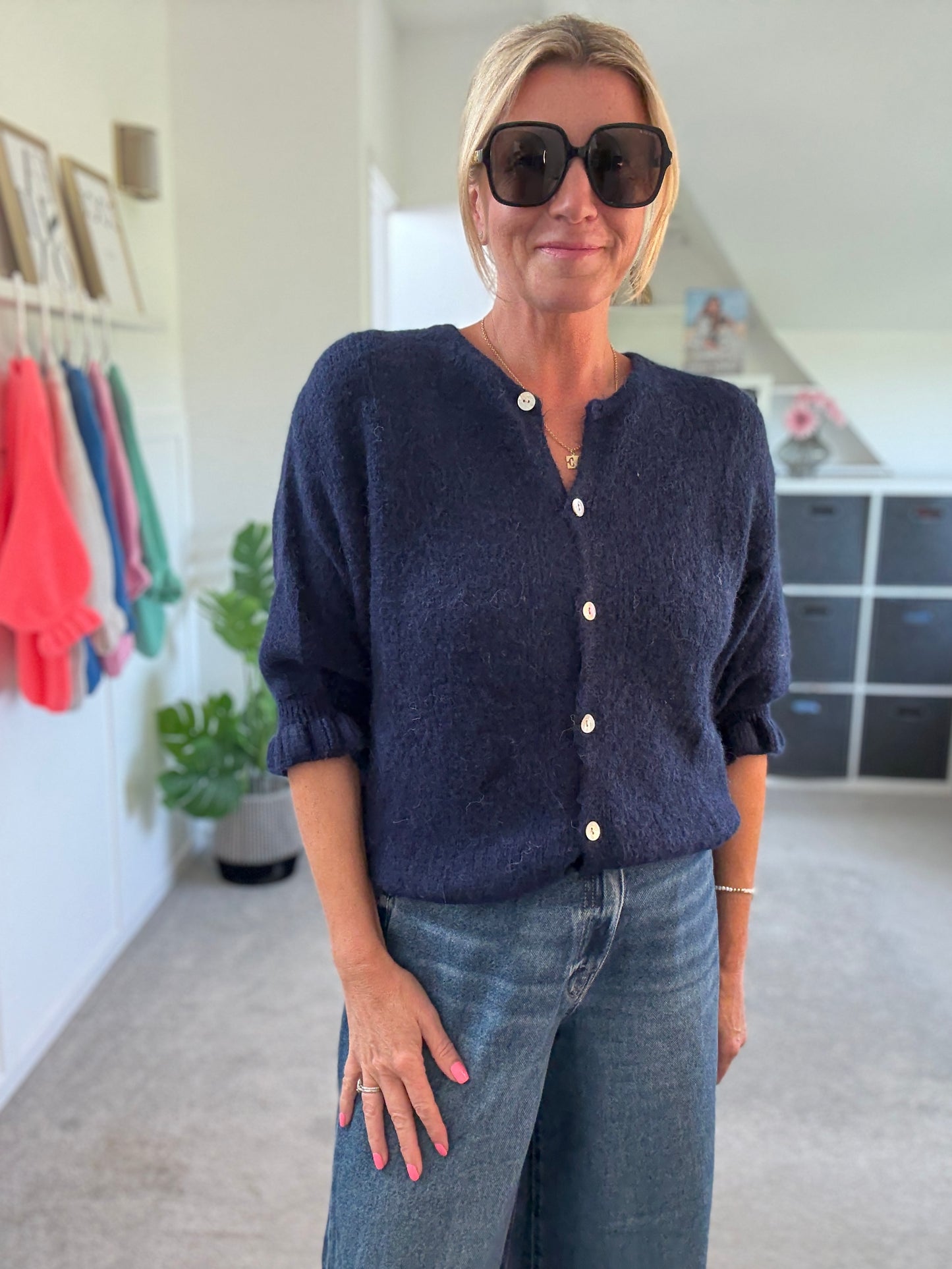 Navy Fluffy 1/2 Frill Sleeve Cardigan